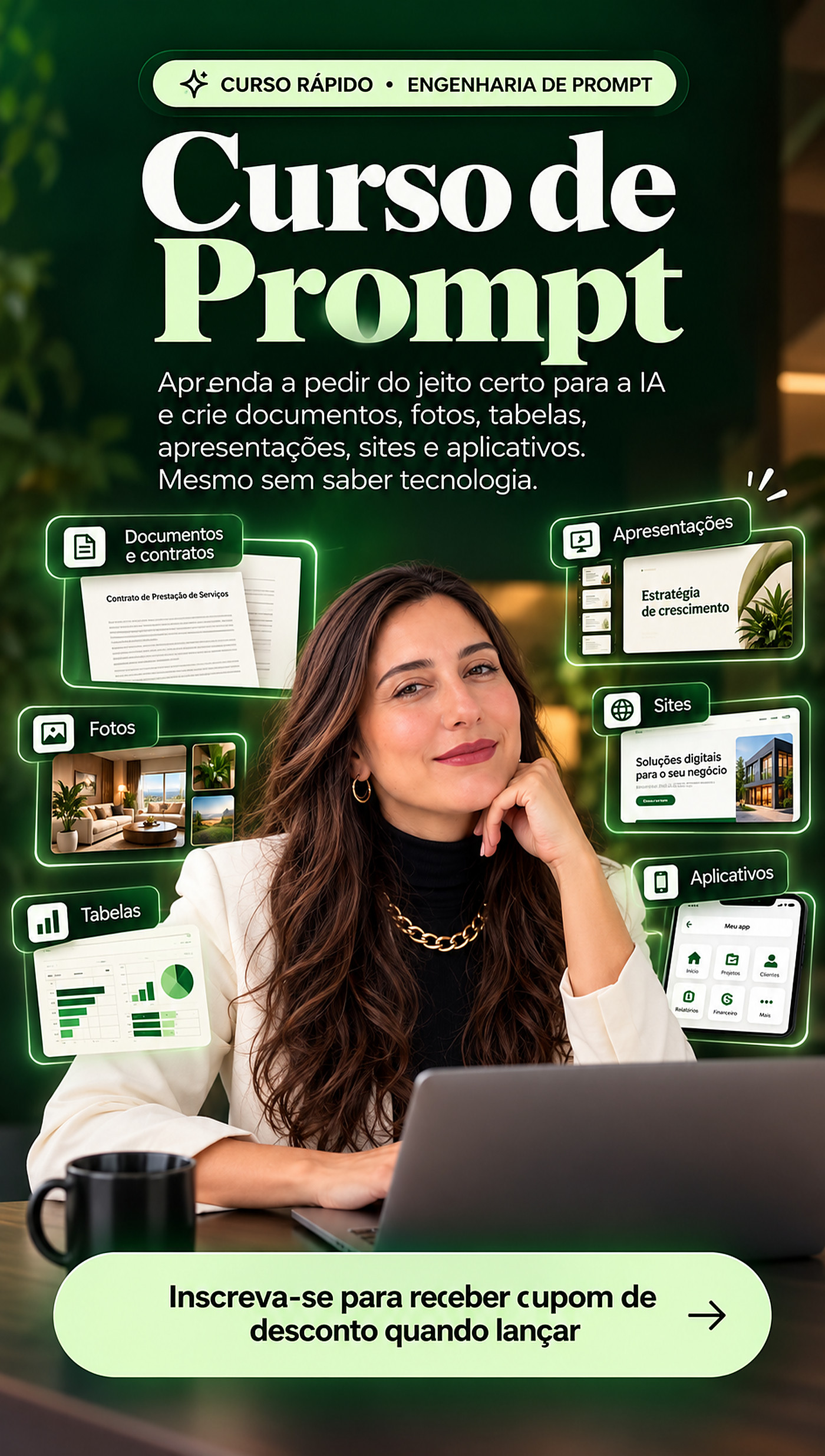 Banner do Curso de Prompt: aprenda a pedir do jeito certo para a IA e crie documentos, fotos, tabelas, apresentações, sites e aplicativos.
