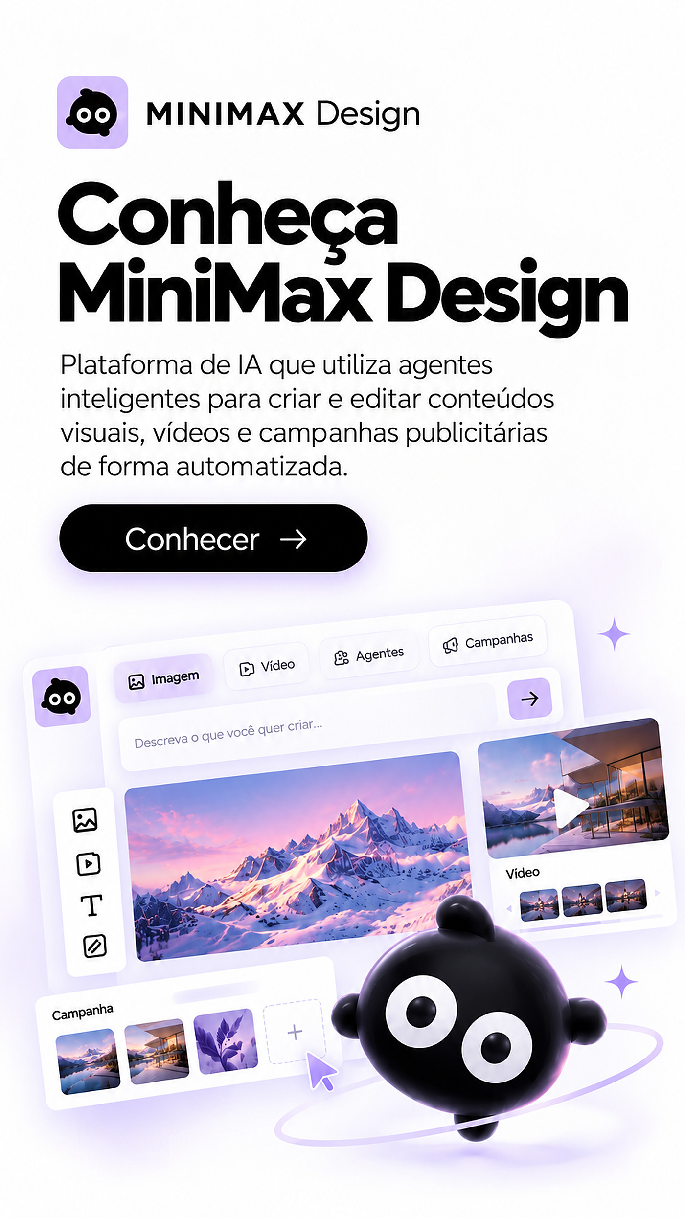 Banner do MiniMax Design: plataforma de IA com agentes inteligentes para criar conteúdos visuais, vídeos e campanhas.